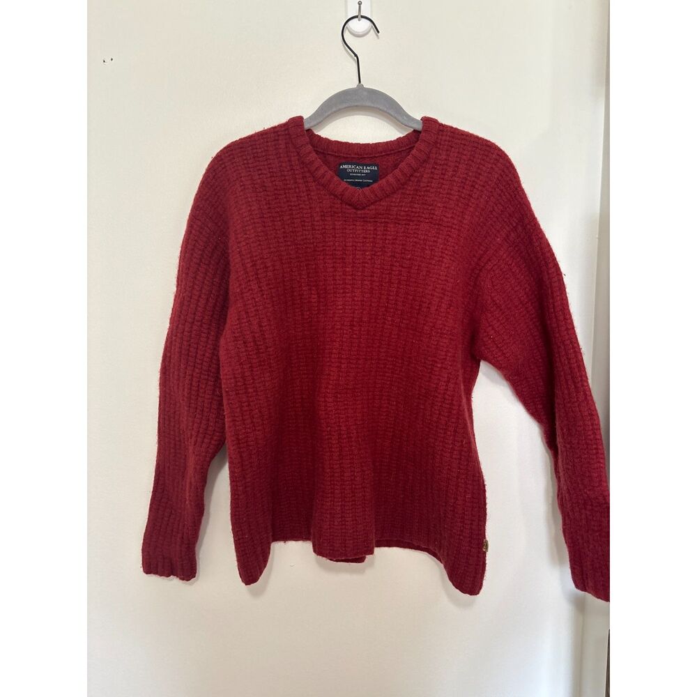 American Eagle 100% WOOL Red Crewneck Sweater M Thick‎ Cabincore Heritage VTG